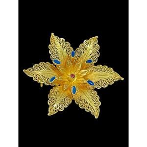 Vintage Portuguese 19.2k Gold Filigree Flower Brooch with Blue Enamel Accents